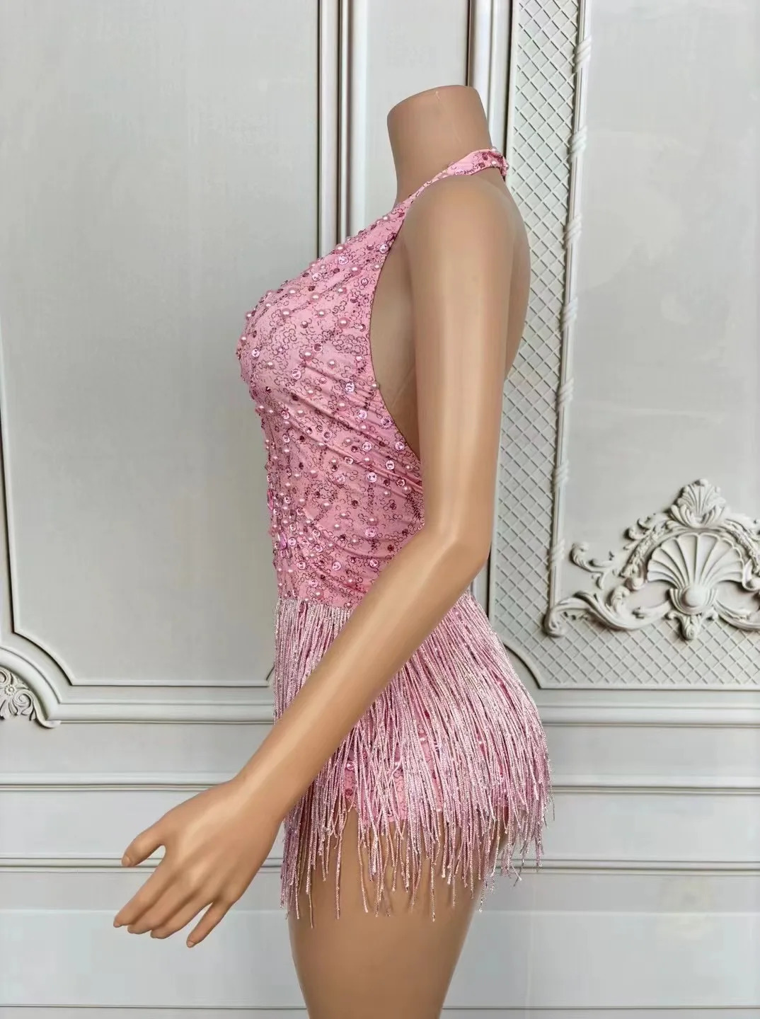 European and American sexy deep Vpink tassel jumpsuit Gogo female singer stage collar dance costume car show model performance 250409