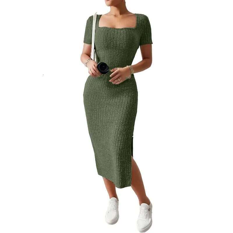 Summer Square Neck, Hip-Hing Mid-Length Skirt, Short-Sleeved, Versatile Knitted Slit Dress