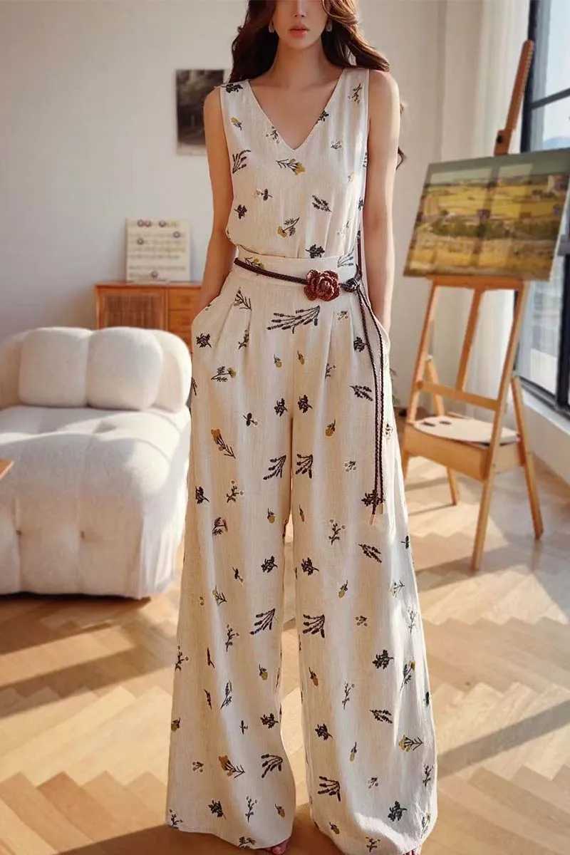 Spring Linen Embroidered Pants Womens Pants Casual Empire Leg Belt Floor Length Trousers Y2K 2025 New DABUWA DM2ATR012XJ250403
