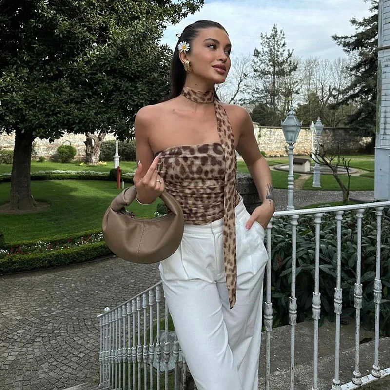Womens sheer leopard print top shoulder straight cut necklace summer casual girl shirt 250409