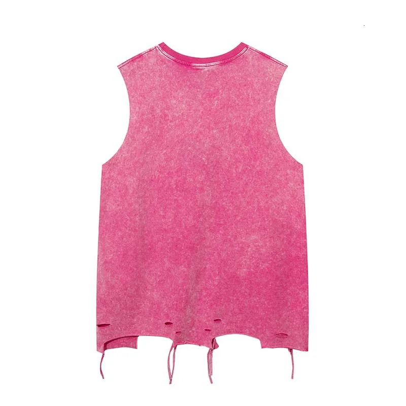 High Street American Vintage Washed Hole Ripped Tank Top with Large Letter Printing Distressed Tank Top for Mens Casual Clothing Y2k 250408