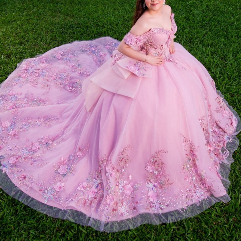 Pink Quinceanera Dresses Off Shoulder Ball Gown Sweet 16 Dress Sequin Applique Flower Beads Tull Birthday Party Vestidos 15 De Anos