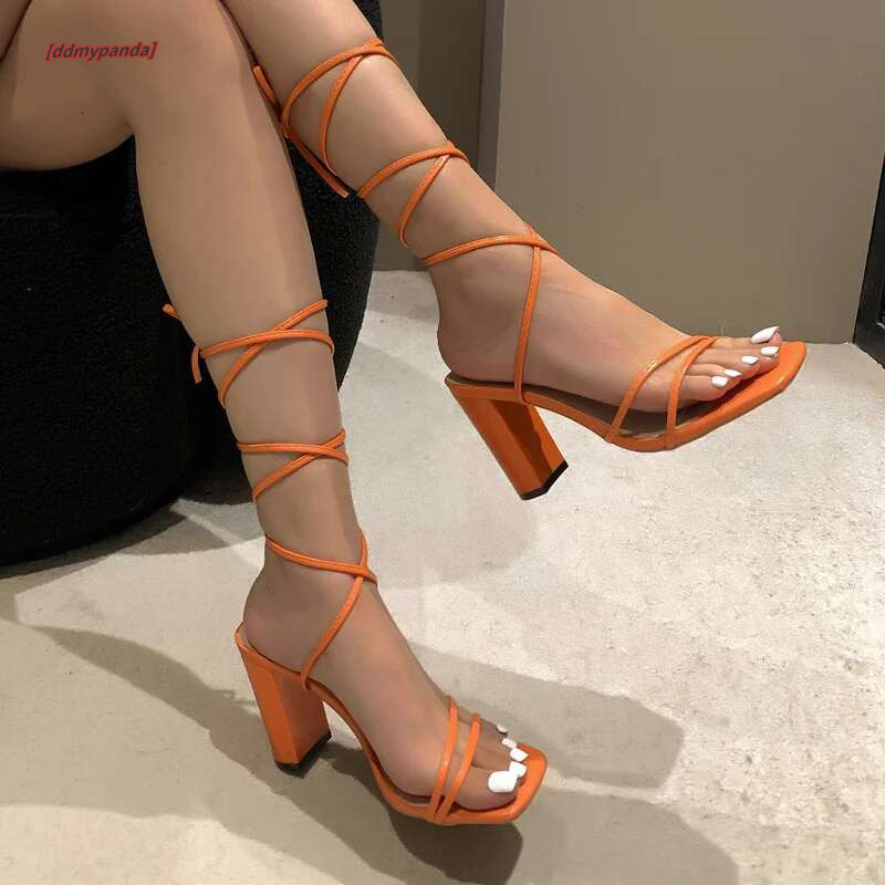 Fashion Summer Open Toe Square Hot Selg Women's High Heel Sandals Cross Lace Up Large Size Shoes ddmypanda