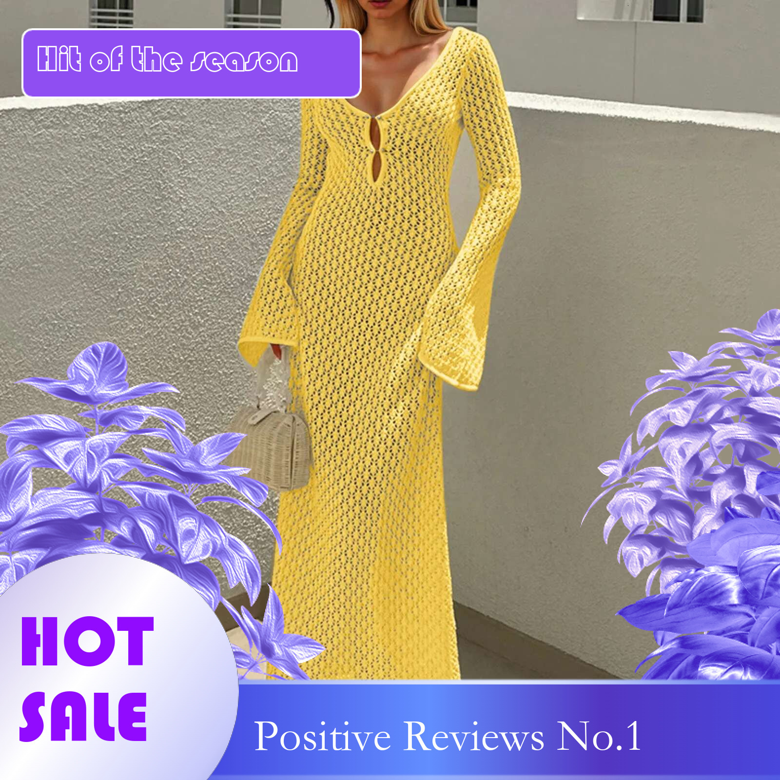 Dongdumaoyi Sexy Women Long Knit Beach Dress Hollow Out Deep V Neck Sleeve Bikini Cover Ups Backless Holiday Yellow