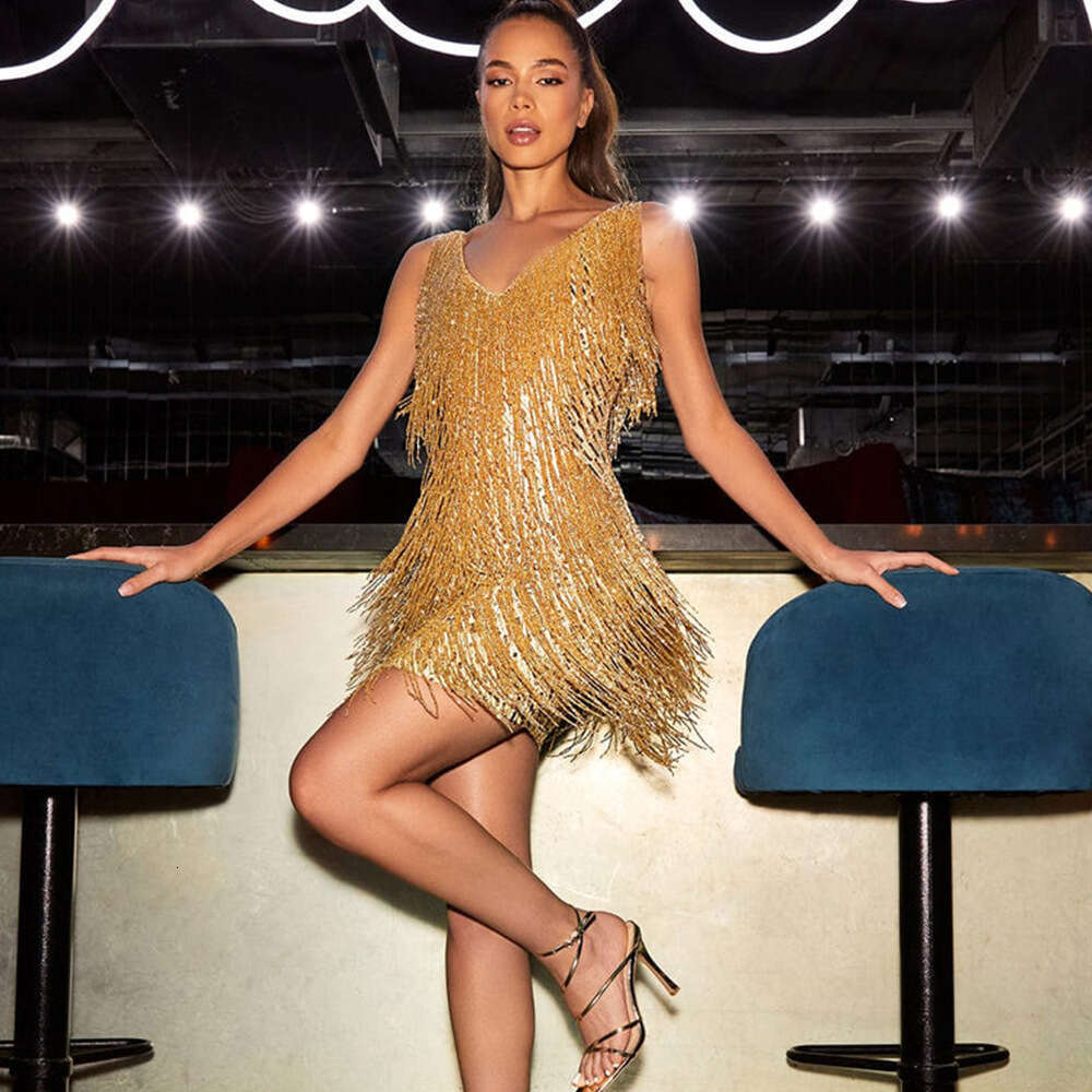 2025 Tassel Sequin Elegant V-neck Sleeveless Short Evening Night club dress Women's Clothing SEXY DRESSES FOR WOMEN