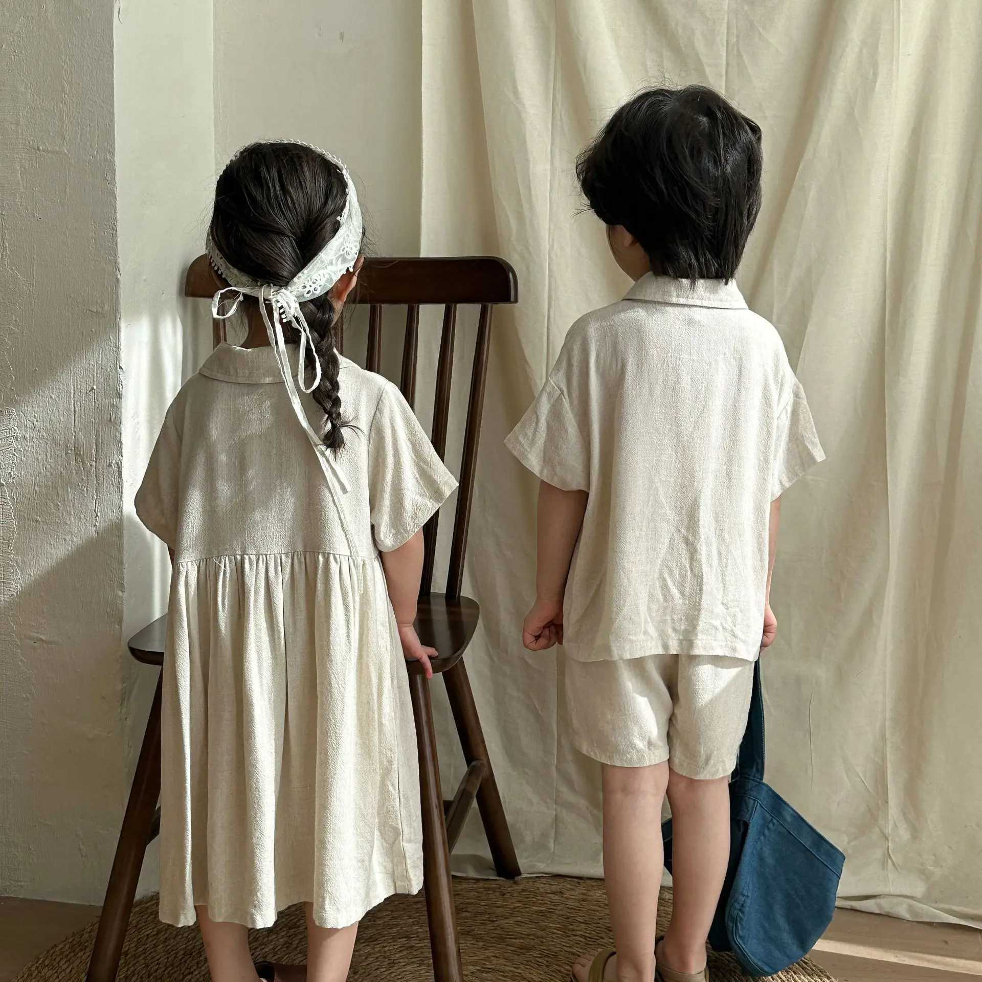 2024 Summer Apparel Brothers and sisters Set Girls Childrens Linen Solid Short Sleeve Dress Boys Baby Loose Casual Top+Shorts 2 S2548
