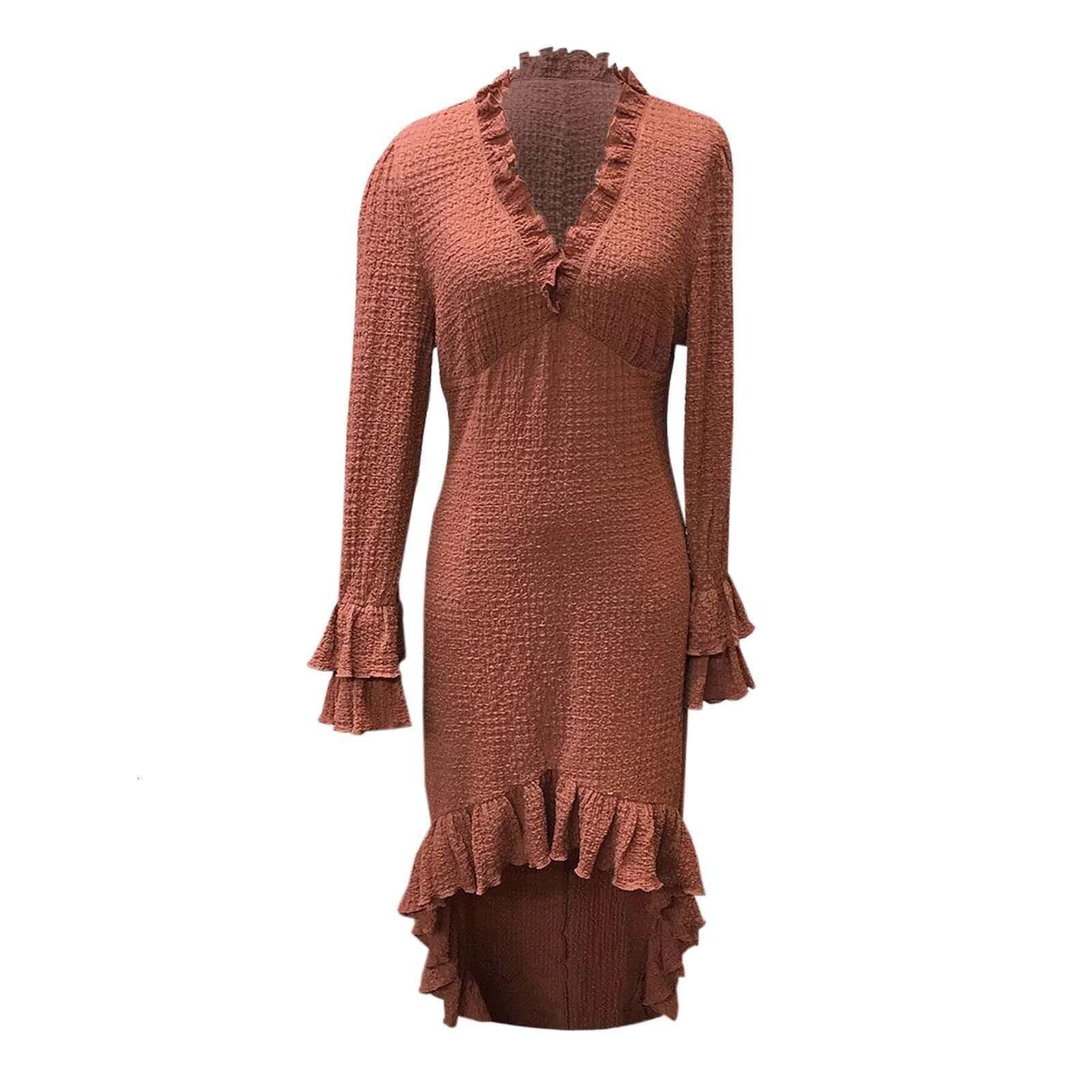 Dongdumaoyi Ethnic Retro Solid Ruffle Irregular Dress Women Spring V Neck Slim Party Long Autumn Butterfly Sleeve Boho Maxi