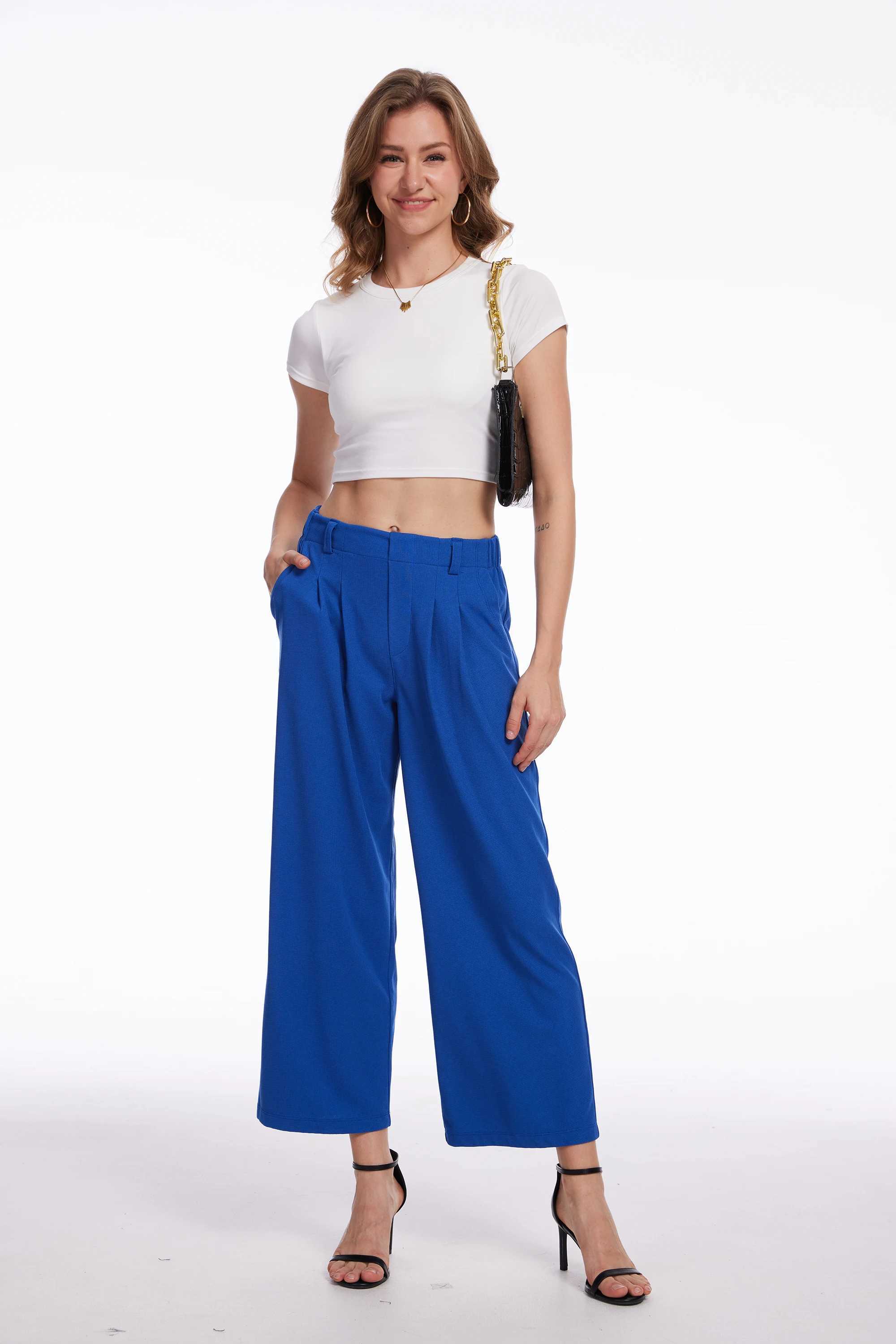 Womens casual business wide leg cut pants elastic waist pants office clothes womens solid slack pantsXJ250403
