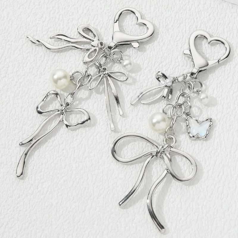 Y2K beautiful bow pearl enamel keychain flying insect keyring womens handmade jewelry great giftXJ250409