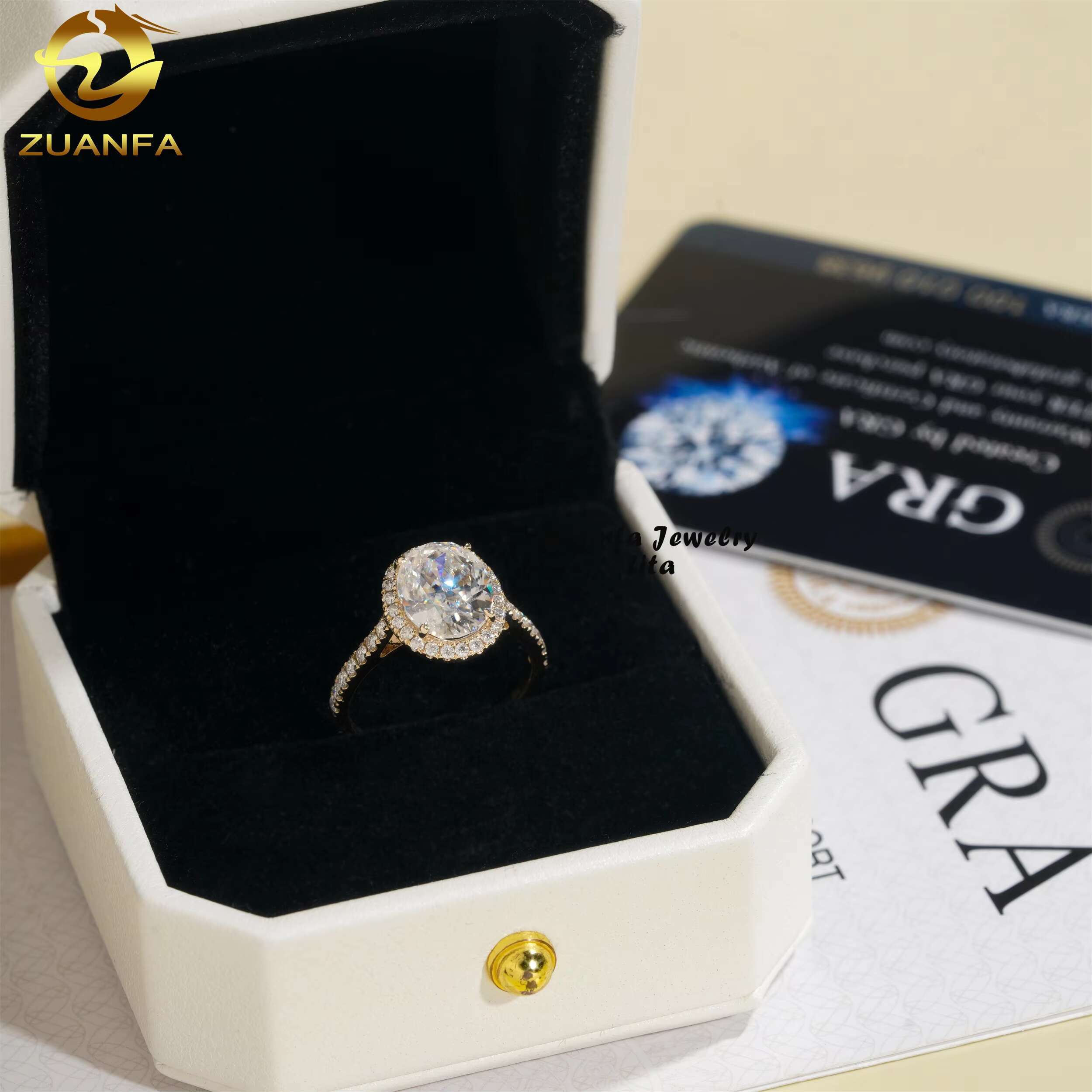 Pass Diamond Tester High End Luxury Halo 14k Yellow Gold 3ct Oval Moissanite Engagement Ring