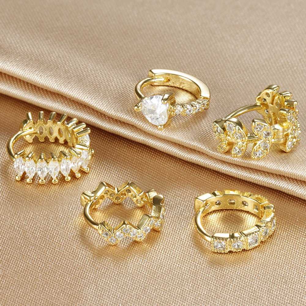 1PC 18K Gold Plated Stainless Steel Round Circle Earrings for Women Teens Cubic Zircon Star Leaf Hoop Earrings Piercing Jewelry Z250408