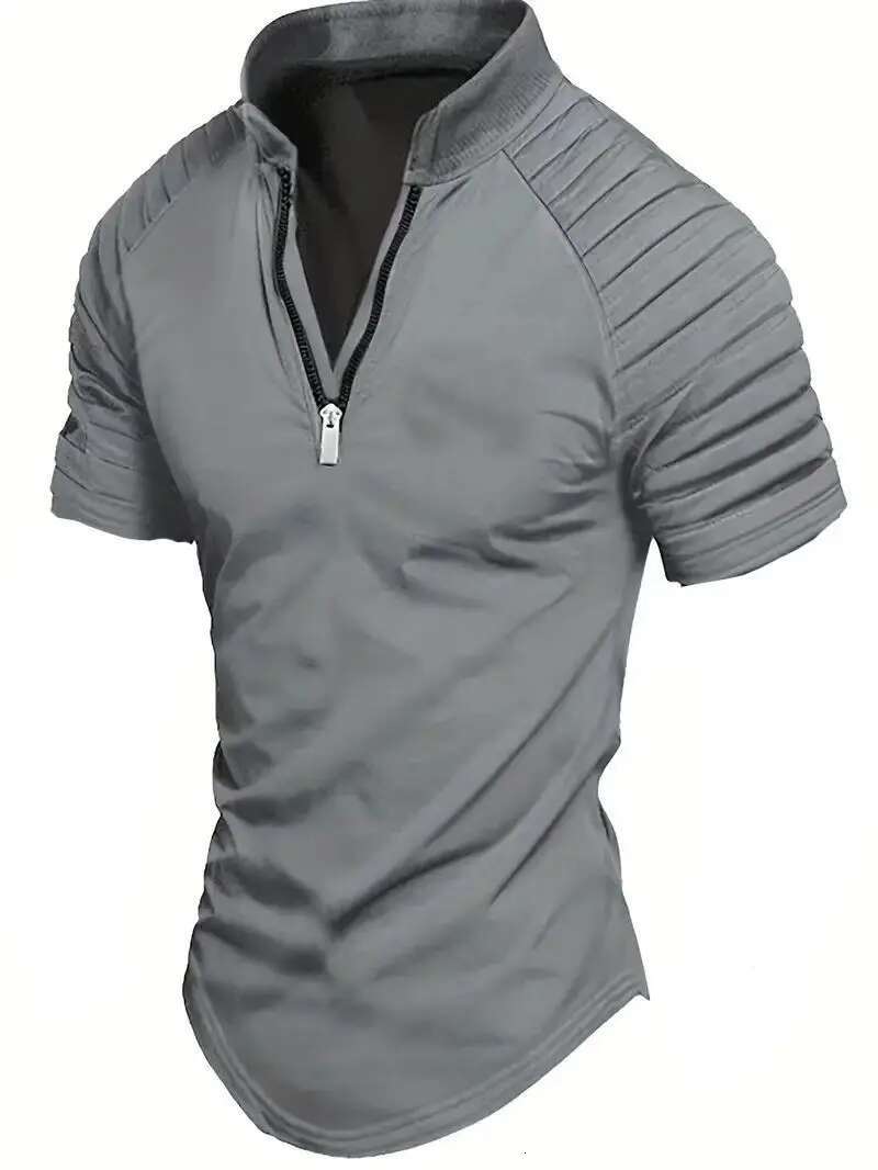 Men's POLO Shirt Spring Sports Solid Color Standing Collar Pleated Zipper Breathable Casual Summer Fashion Top Short Sleeve