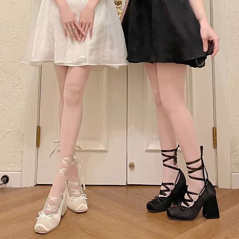 Chunky Heels Lolita Hot Brand 2024 Spring Summer French Elegance Women Pumps Lace Up Ballet Style Single Shoes