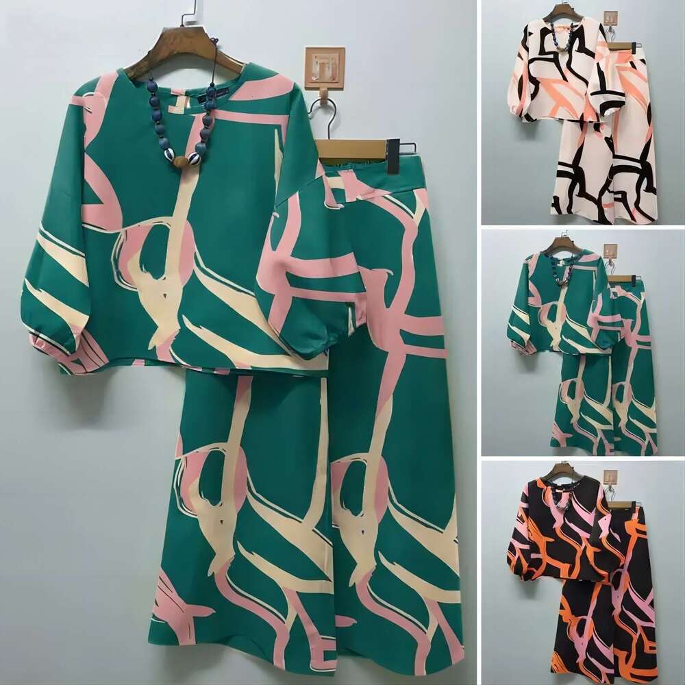 2025 Spring New Women's Geometric Print Casual Matching Bohemian Top Wide-Leg Pants 2-Piece Set