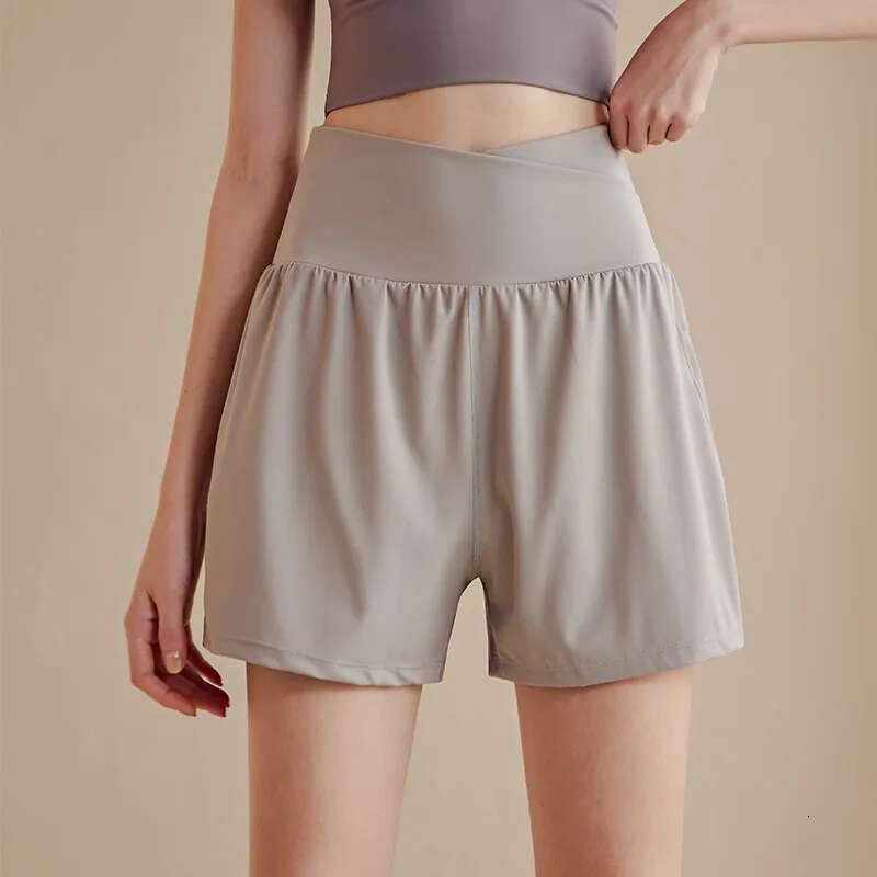 Fake 2-piece Sports Women With Pockets Anti-Shine Quick Dry High Waisted Fiess Yoga Pants Training Running Shorts Gym