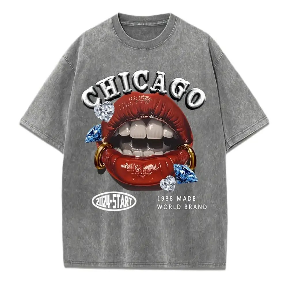 Chicago 1988 Made World Prints Washed T-Shirt Women Cotton T Shirts O-Neck Oversized Acid Wash Tops Summer Woman Clothes 250408