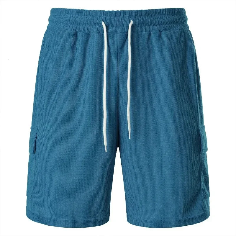 Mens Drawstring Waist Casual Shorts Summer Straight Leg Beach Shorts with Pockets Breathable Corduroy Pants Streetwear 250407