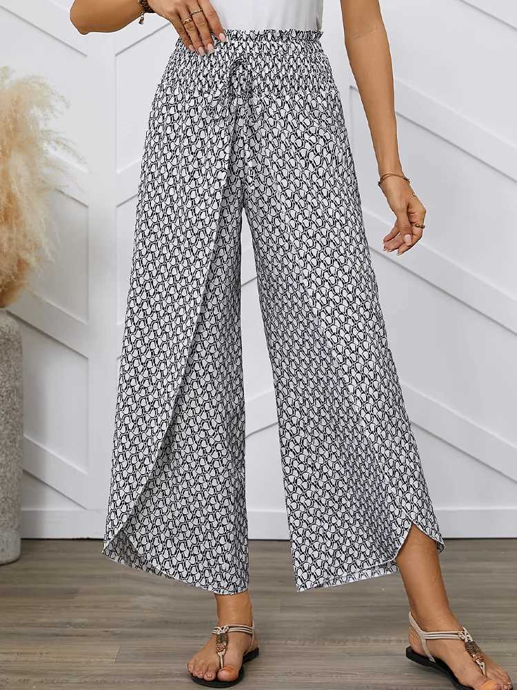 Spring and summer womens French full print waist tulip hem loose cross pantsXJ250403