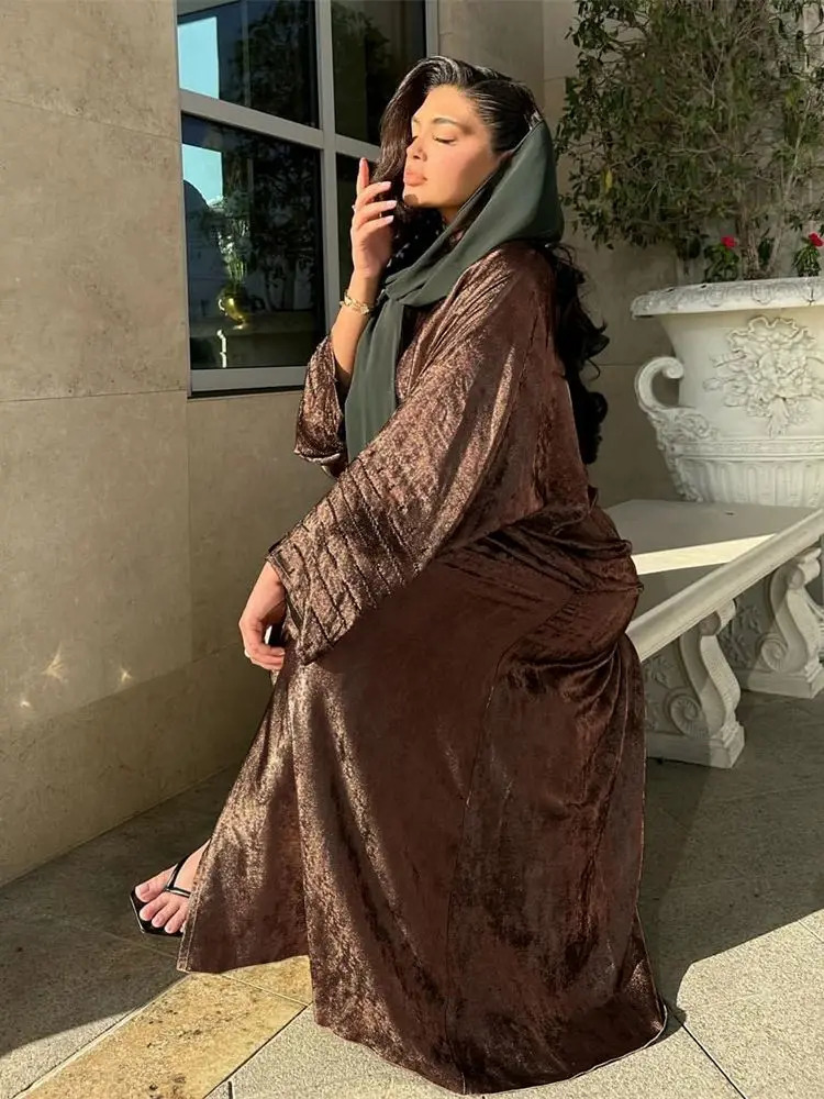 Shiny satin open kimono Abaya Dubai y Muslim Abayas Womens Kaftan Dress Islamic Clothing Musulmane Caftan 250409