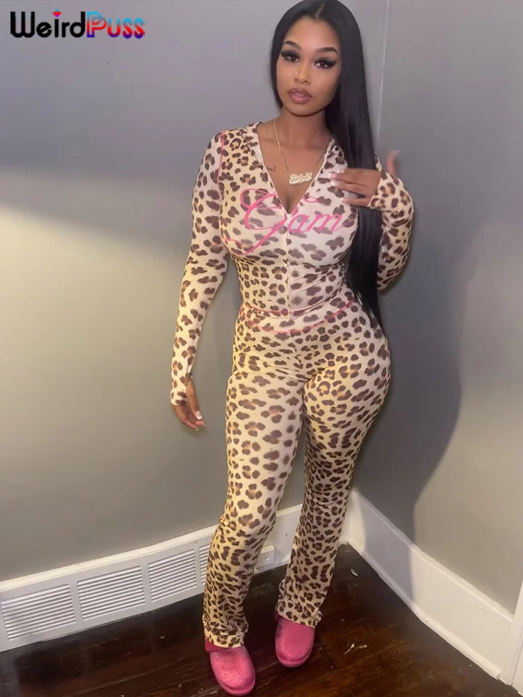 Weird Puss Leopard Contrast Letter Print 2 Piece Set Women Hooded Full Sleeve Crop JacketSkinny Stretch Flare Pants Trend Suits 250408