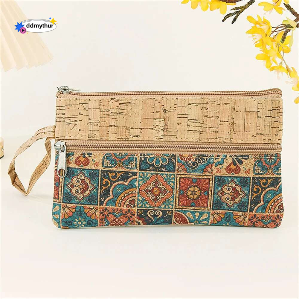New Retro Cork Print Women Coin Purse Portable Cell Phone Pouch Mini Wallet Double Layer Zipper Key Money Vintage Clutch Bag ddmythur