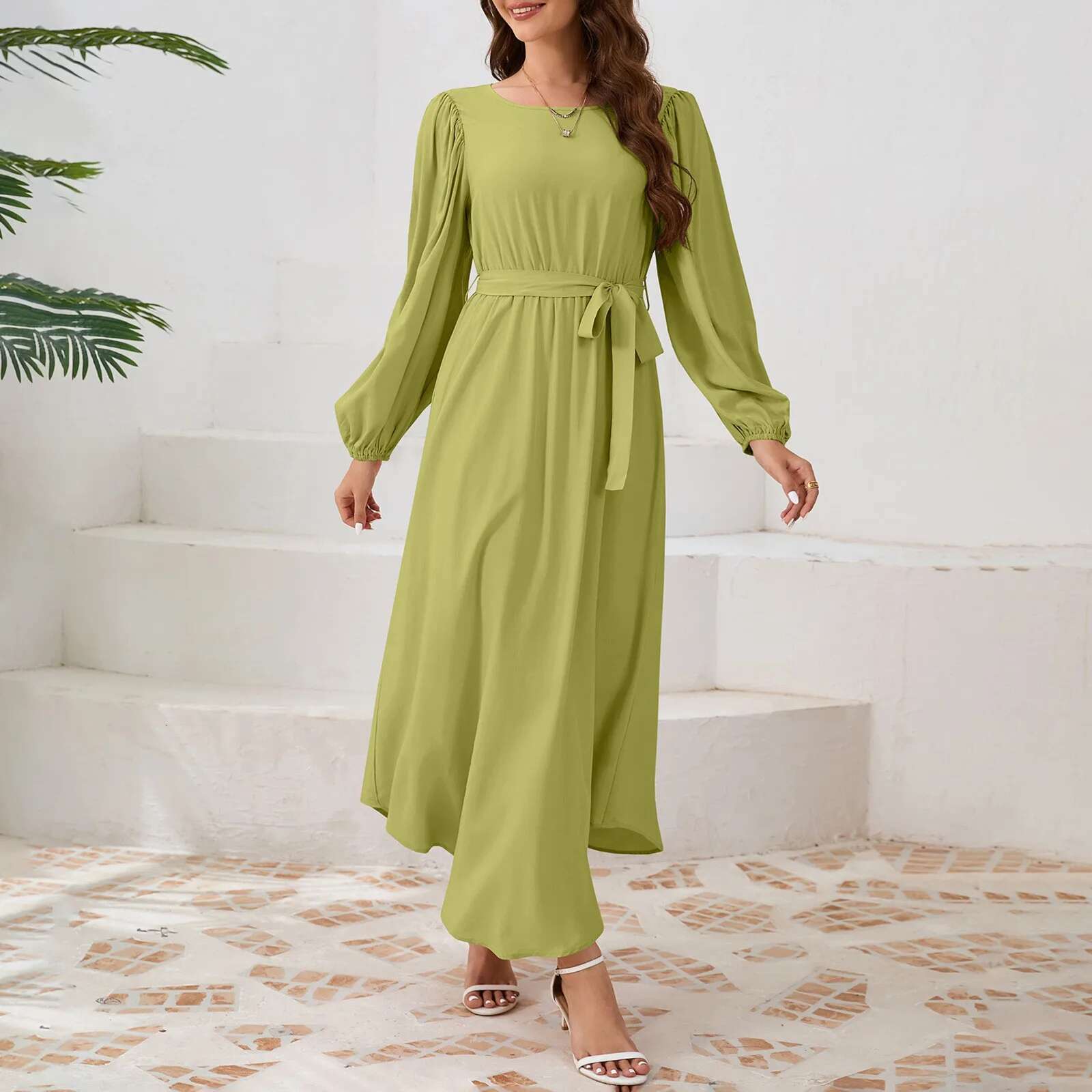 Dongdumaoyi Spring Round Neck Puff Long Sleeve Dress Casual Solid Color A Line For Womens Maxi Belt Robe
