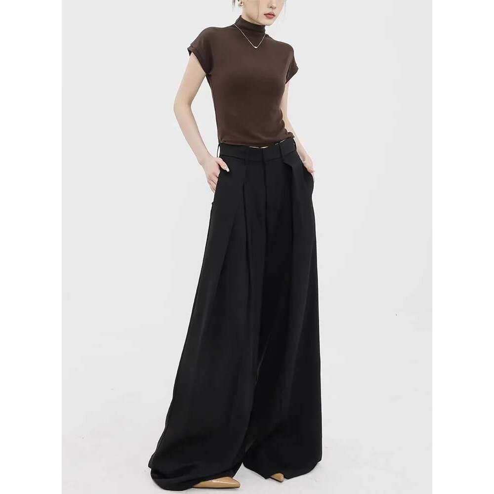 Women's Black Suit High Waisted, Draped Or Mop, Casual Wide Leg Pants, Spring And Autumn Design
