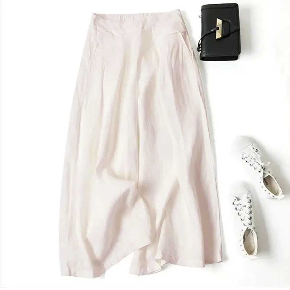 Womens summer pants cotton linen oversized wide leg pants womens artistic style elastic waist solid casual loose pantsXJ250403