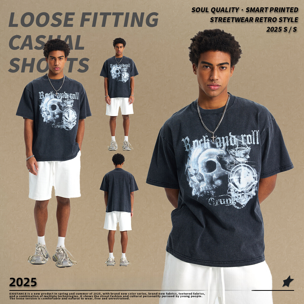 Chain Wear | 2025 New High Street Washed Loose Men's Short Sleeve Trendy Brand Personalized Rock Printed T-shirt