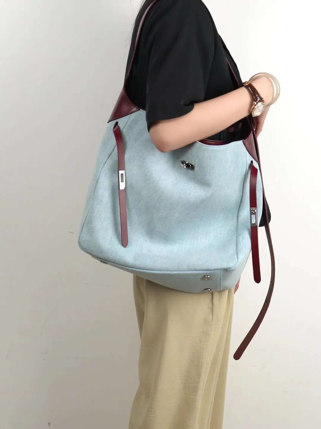 New Cowhide With Denim Women's Tote Casual Fashion Shopping Large Capacity Ladies Shoulder Bag