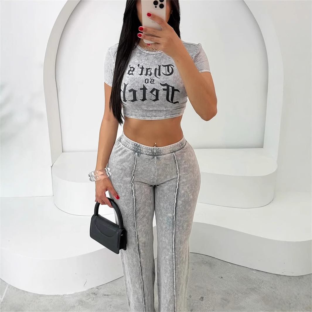 2025S Designer Women S Set New High Hiphop Solid Color Street Printed Short Sleeved Top Straight Pants Set For Women