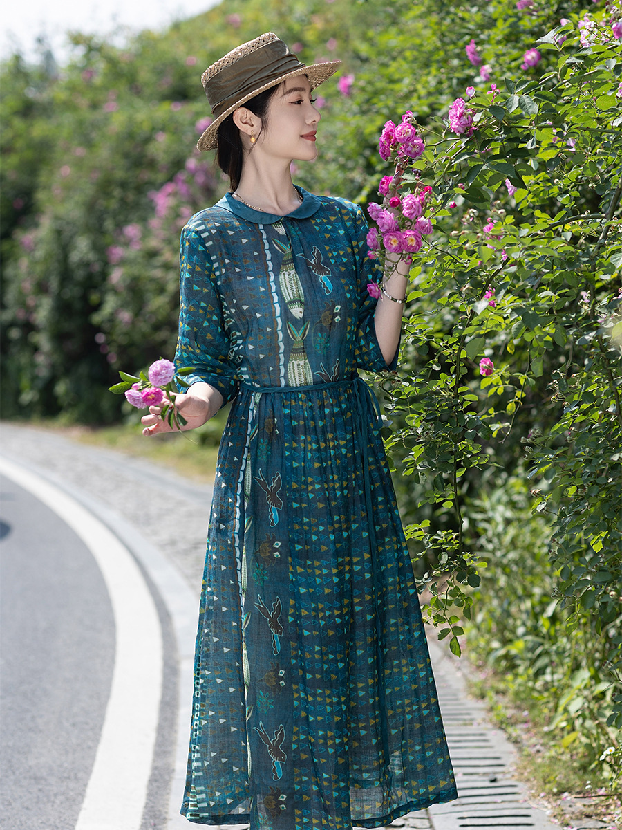 X45Chic Ladies' Ramie Maxi Dress Featuring Unique Literary Printing