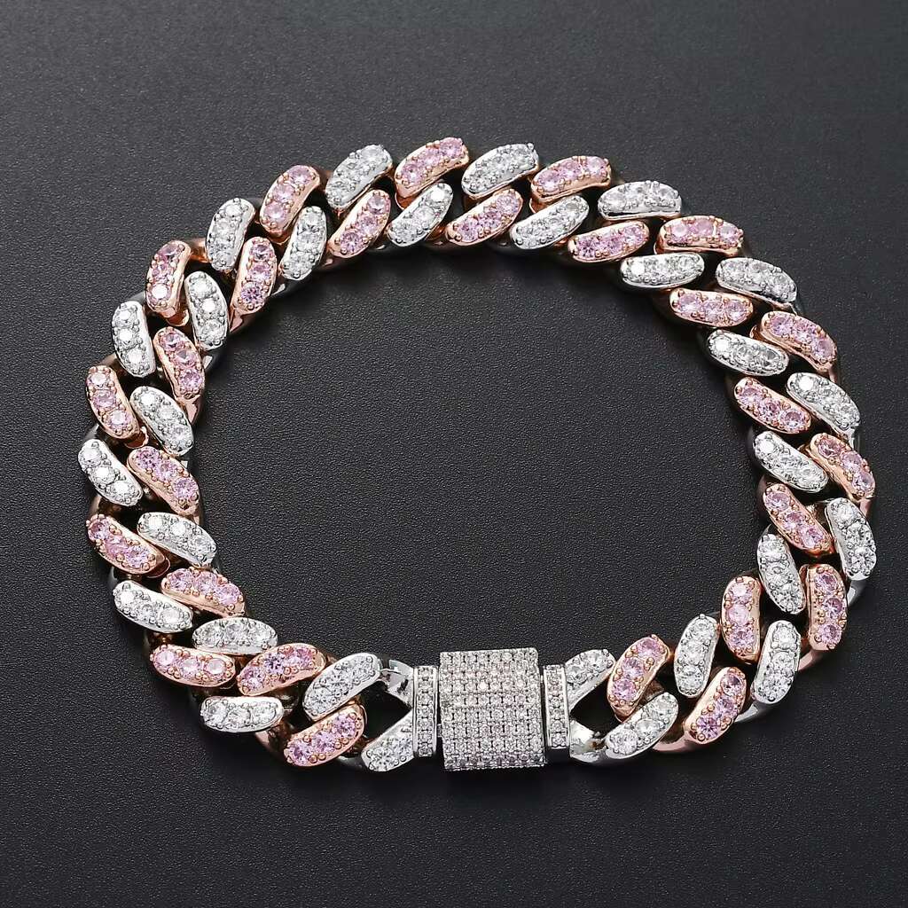 Colorful Rainbow Pink White CZ Miami Cuban Link Chain Hip Hop Iced Out Diamond Bracelet Fashionable Jewelry