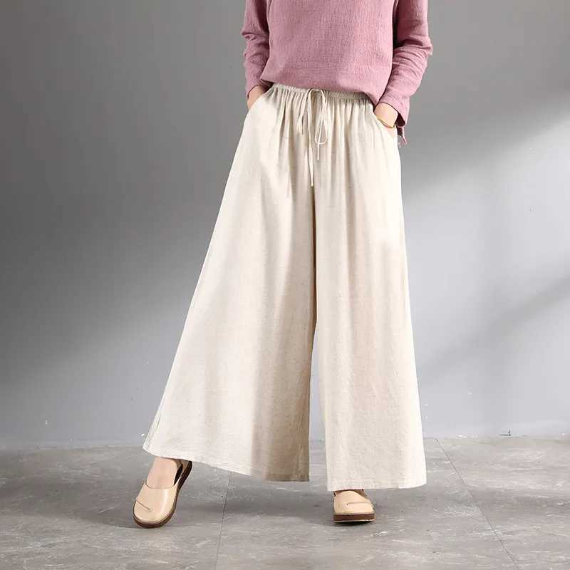 Womens Summer Retro Cotton Linen Pants Palazzo 2024 Spring Casual Loose Wide Leg Pants Shorts 6XL 7XLXJ250403
