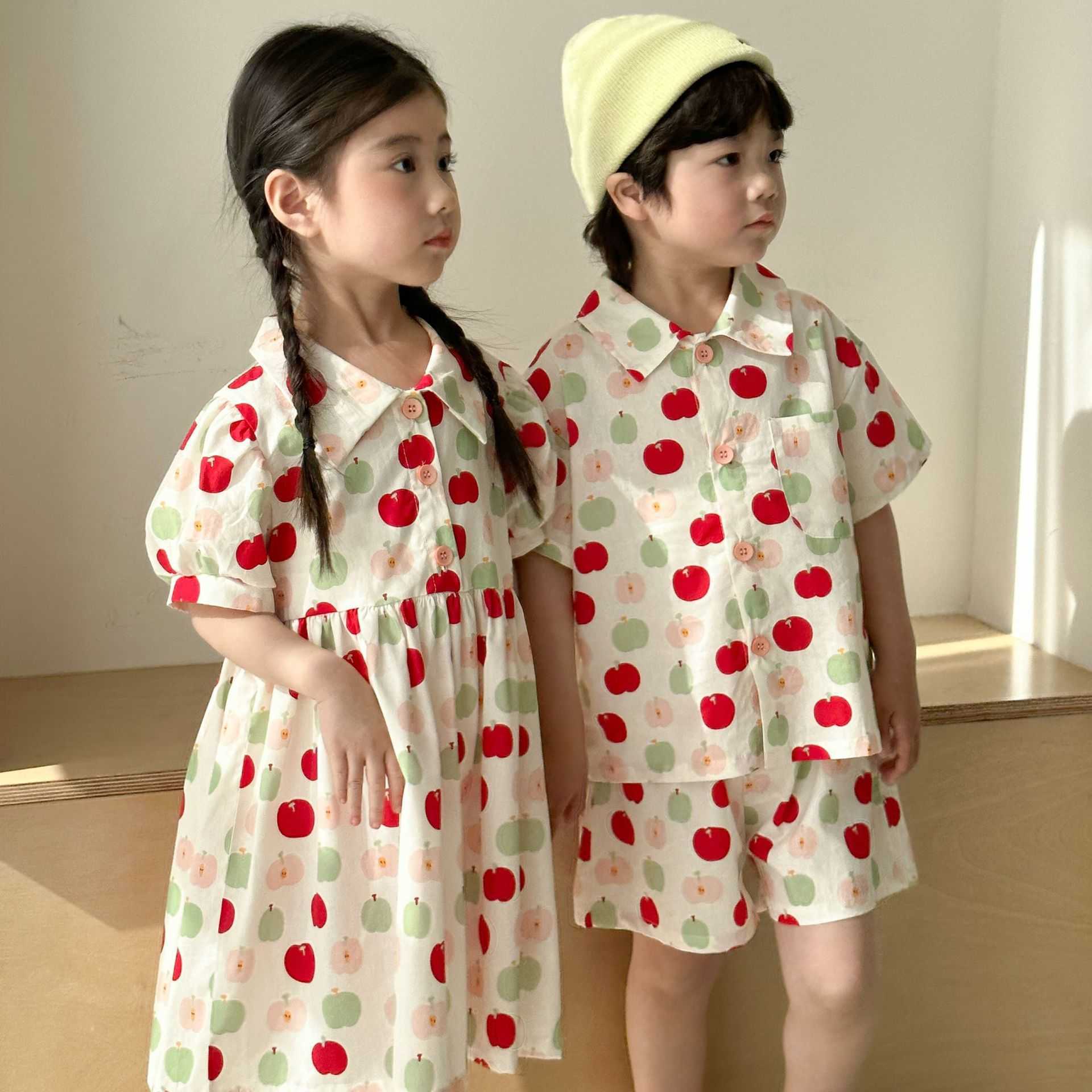 Childrens summer shirt set stylish pure cotton boys 2025 new style baby girls short sleeved dress siblings outfit S2548