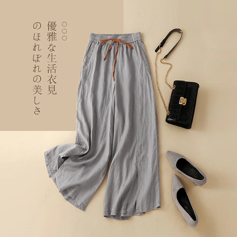 Beige Cotton Linen Casual Elastic High Waist Loose Wide Leg Womens Pants Ankle-Length Pants For Women Clothing Fashion 250408