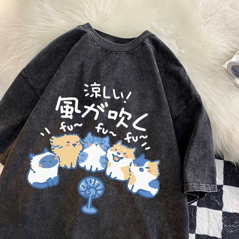 Cold wind summer loose short sleeved T-shirt for men boys cats and dogs summer cartoon cotton fun retro washed T-shirtXJ250409