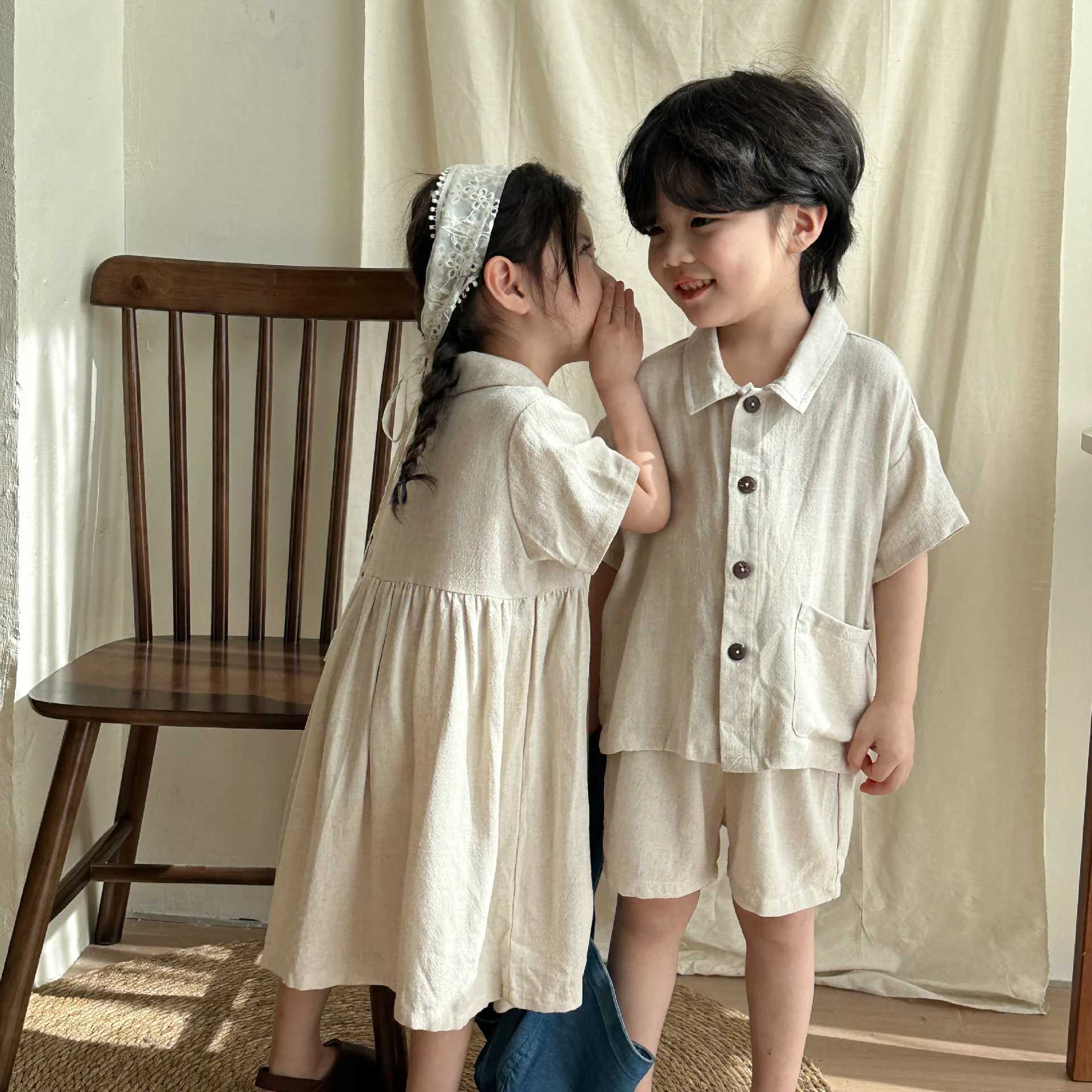 2024 Summer Apparel Brothers and sisters Set Girls Childrens Linen Solid Short Sleeve Dress Boys Baby Loose Casual Top+Shorts 2 S2548