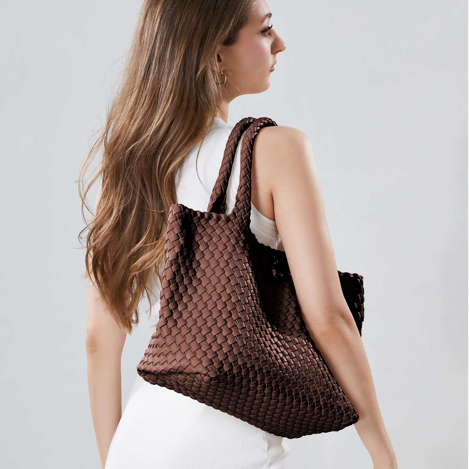 LIKEBAG Fashion Women's Handbag Simple Soft Shoulder PU Leather Capacity Large Woven Tote Bag