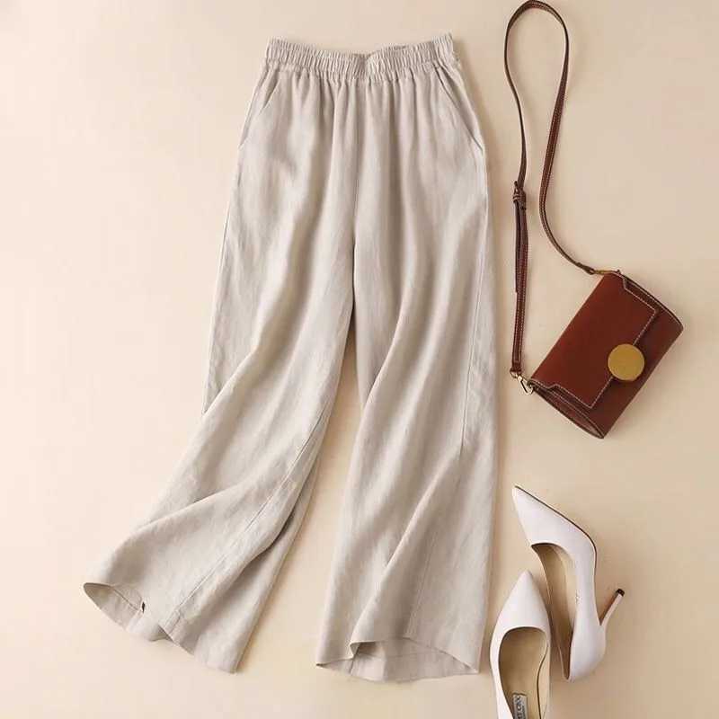 Fashionable womens full-length casual pants cotton linen wide leg pants solid summer pants loose high waisted straight pantsXJ250403