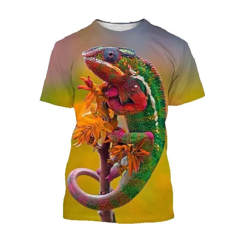 Animal chameleon 3D printed men's reptile iguana round neck short sleeved lizard fashionable casual top T-shirt