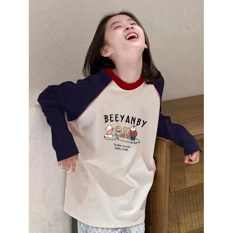Ddmyshoesvip Girls Spliced Pure Cotton Long Sleeved T Shirt Spring Autumn S Clothing Cartoon Casual Shoulder Bottom Shirt For Year Old Middle Aged And