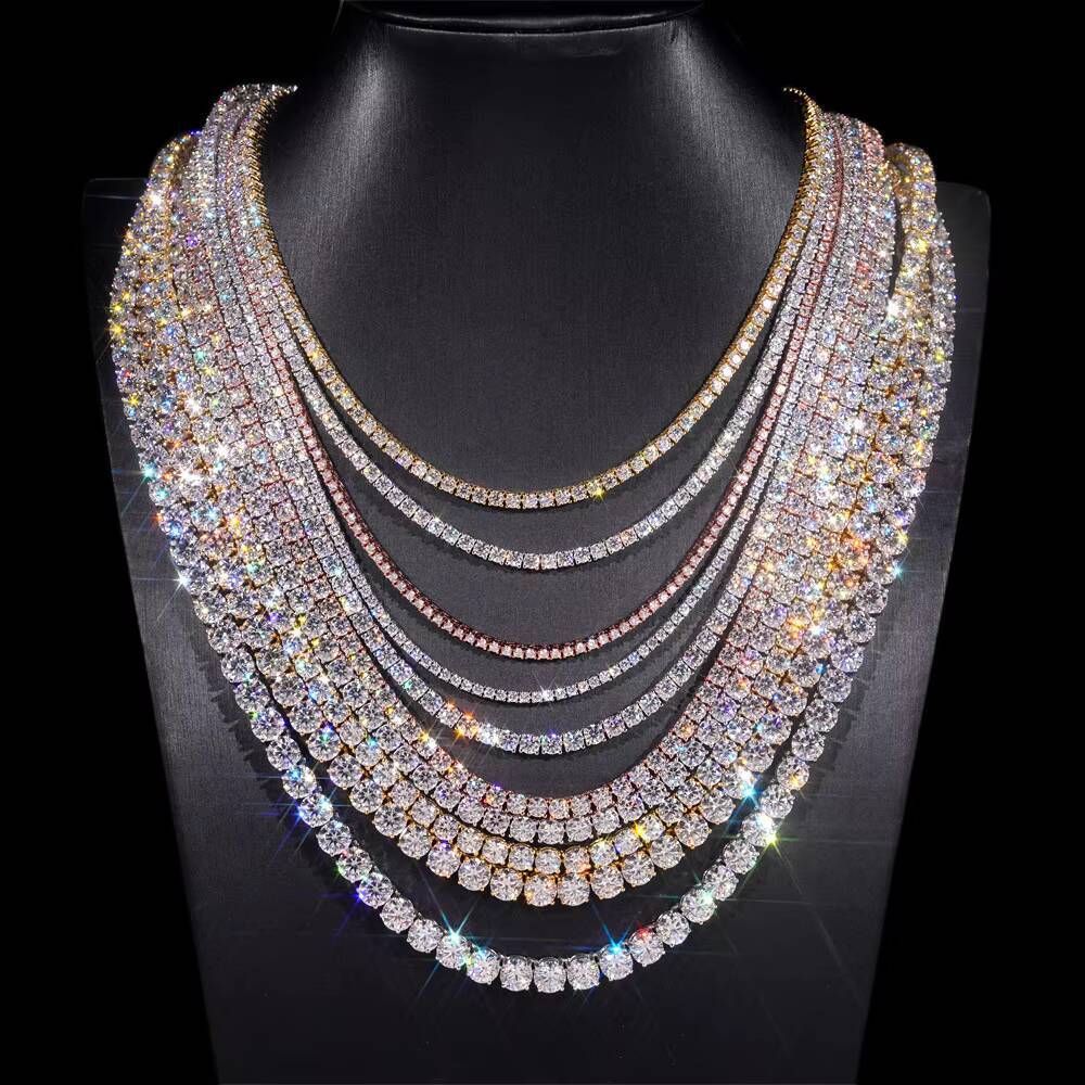 Custom 3mm 4mm 5mm Hip Hop Moissanite Chain S925 Silver Gold Plated Tennis Necklace OEM GRA Certified Moissanite Tennis Chain