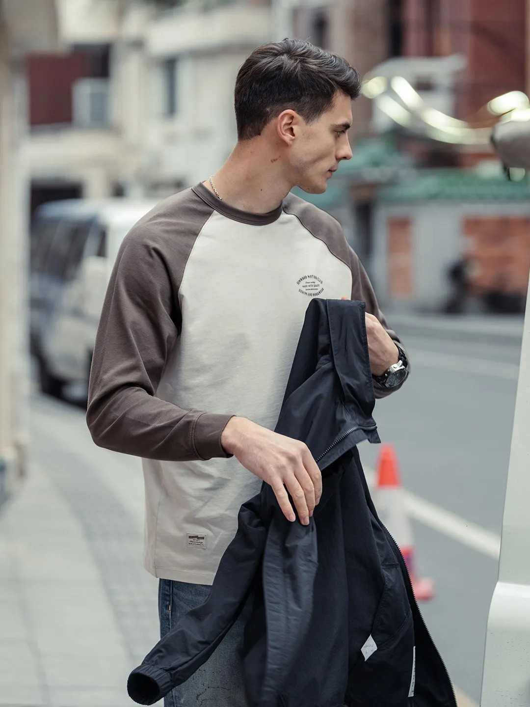 SIMWOO 2025 Spring 280g Fabric Oversize Long Raglan Sleeve 100% Cotton T-shirts Men Plus Size Contrast Color Tops 250409
