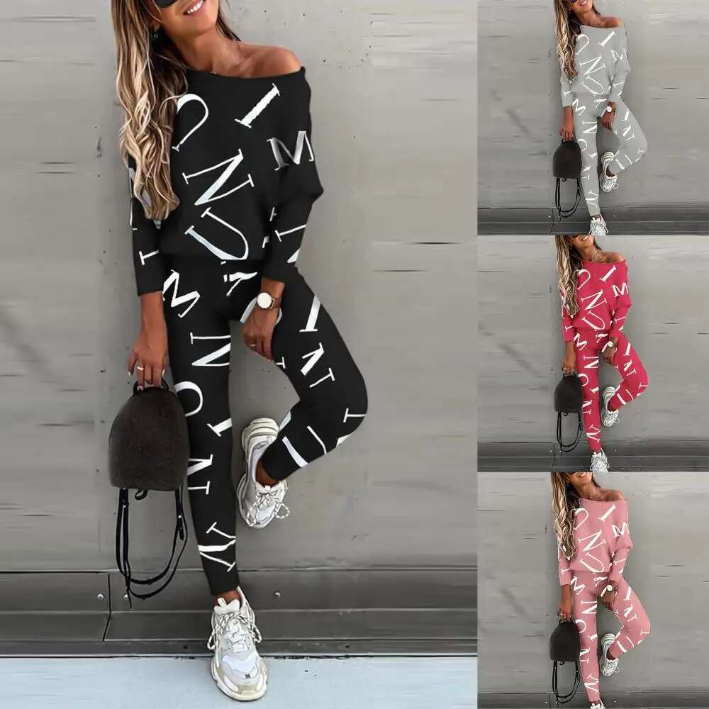 Casual Sweatsuit Two Pieces Set Off Shoulder Women Spring Letters Outfit Sports Suit Skin-friendly