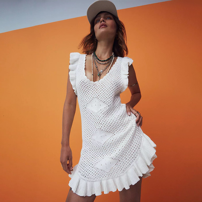 2025 Summer New Womens Solid Color Slim Wood Ear Edge Sleeves Mid Waist Ruffle Edge Womens Dress