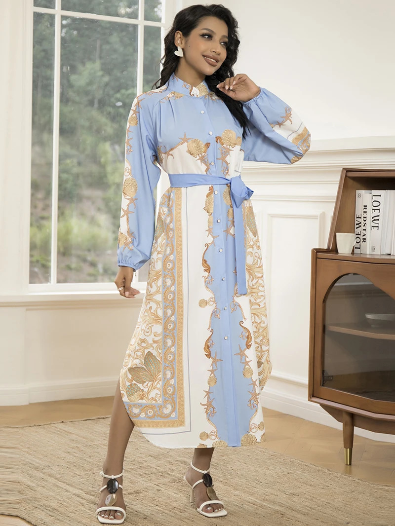 Elegant womens long sleeved belt dress stylish geometric print highquality polyester suitable for all seasons 250409