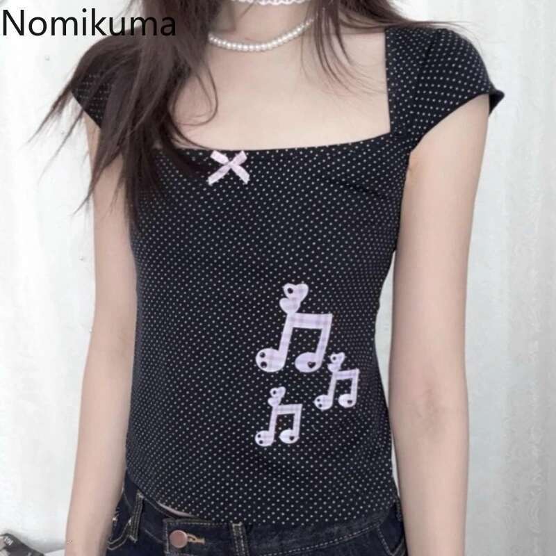 for Women Polka Dot T Shirts Square Collar Short Sleeve Tunic Tees Y2k Tops Casual Chic Japanese Tshirts 2025 Ropa Mujer