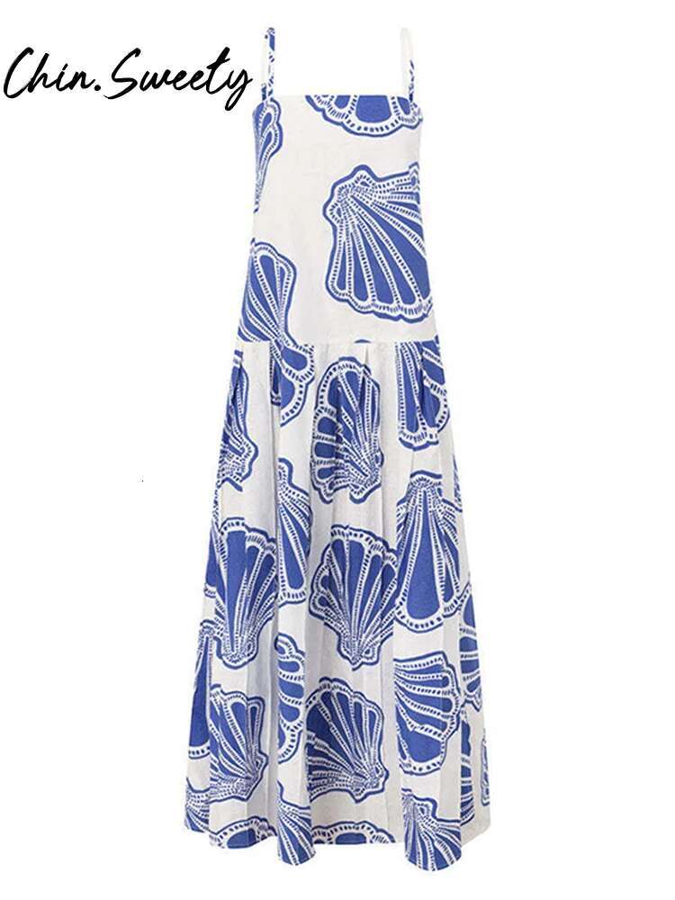 Fashion Printed Women Sg Dress Pleated Square Collar Sleeveless Backless Female Long Dresses 2025 Spring Summer Lady Robe