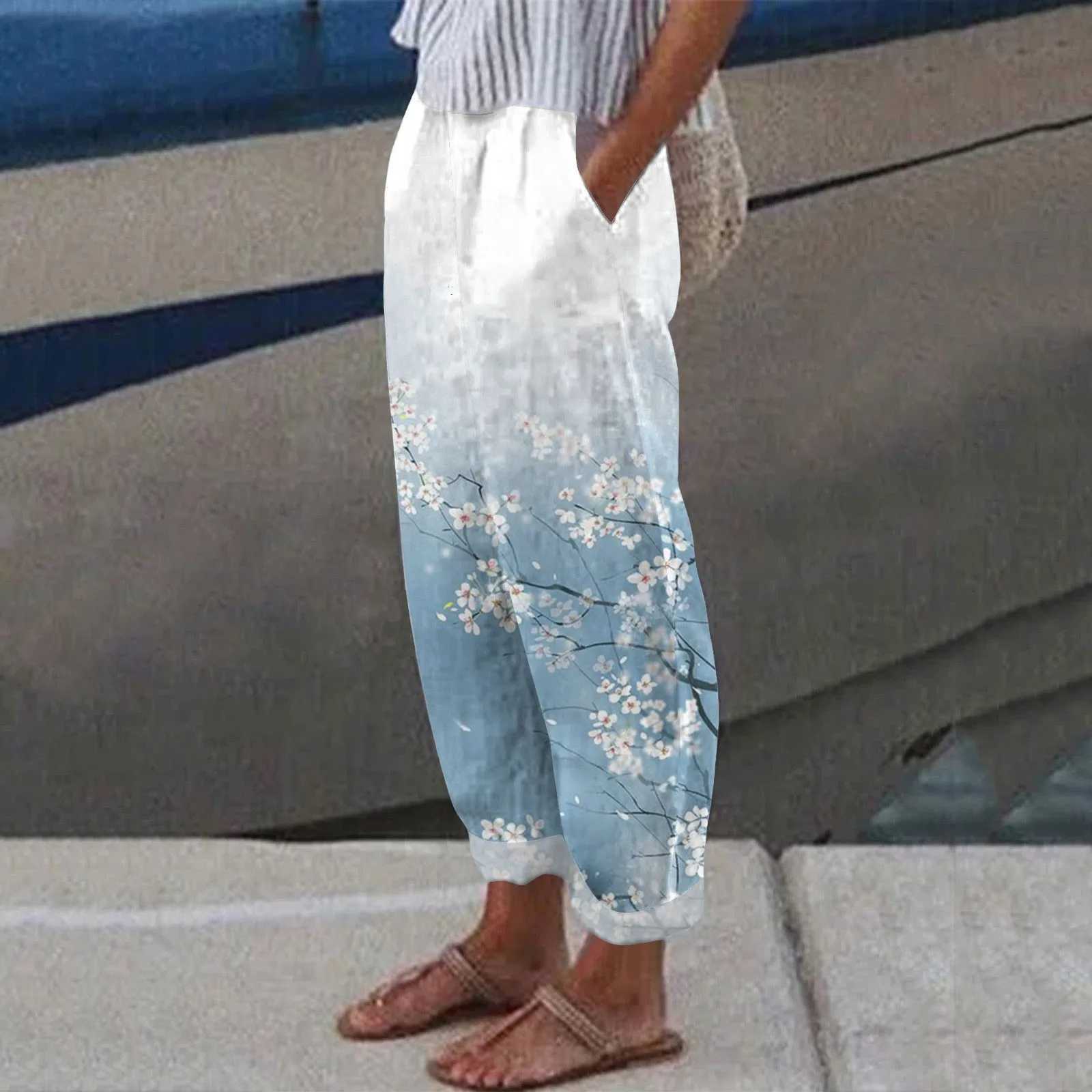 Womens pants 2025 womens linen pants with pockets high waist comfort white casual pants lightweight and looseXJ250403